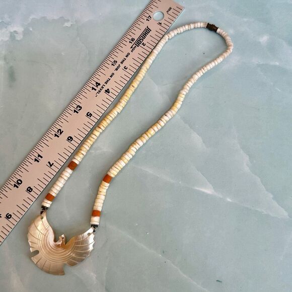 Vintage Carved Mother of Pearl Thunderbird Necklace Heishi Beads - Picture 10 of 13